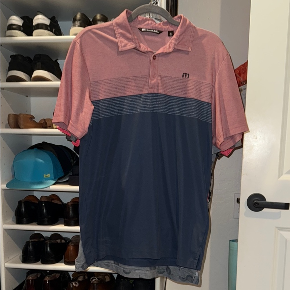 Travis Mathew Pink and Blue Polo Shirt Two-Tone Design